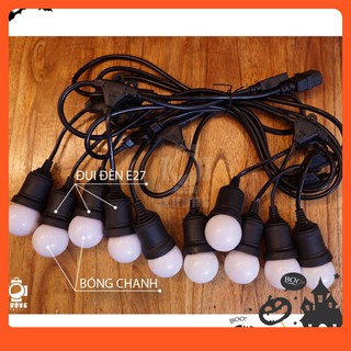 Dây đèn kín nước thả ngoài trời 7.5 mét 15 đui đèn E27 + 1 dây nguồn 1,8m chịu tải 2500W, Bộ đui chống nước