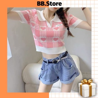 Áo len nữ croptop tay ngắn, áo croptop nữ tay ngắn cổ bẻ mẫu trái tim freesize < 58kg