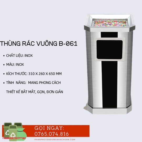 THÙNG RÁC VUÔNG INOX CHẮC CHẮN B-061