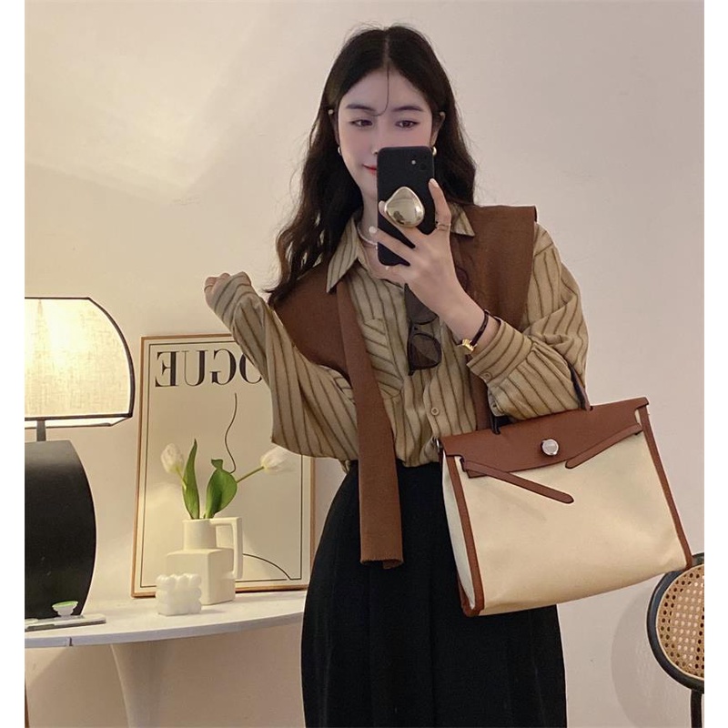 QOEDDV Áo Sơ Mi Nữ Dài Tay Cổ Bẻ Giả Hai Lớp Thời Trang Hàn