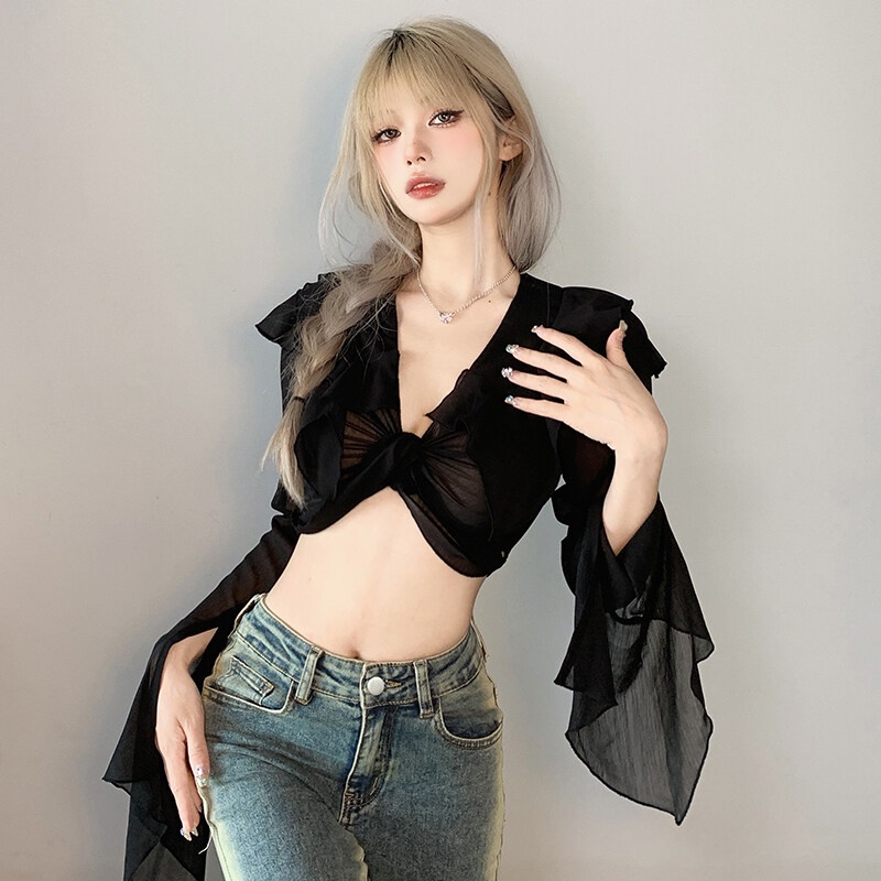 Kliou 2023 new Áo Croptop Tay Dài Loe Cổ Chữ V Thời Trang 2023 Dành Cho Nữ