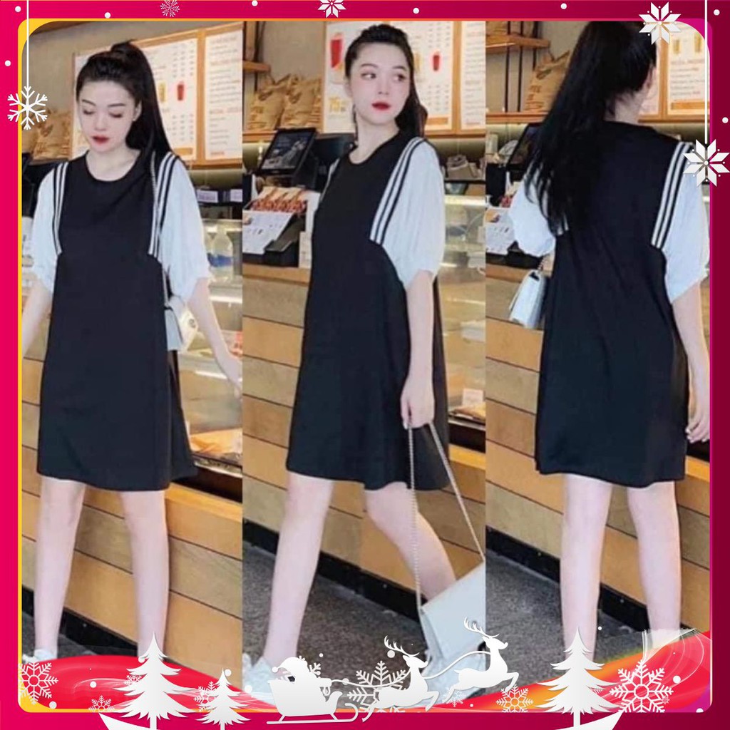 Váy bầu thời trang bigsize dáng suông màu đen tay trắng kẻ sọc viền sang chảnh freesize từ 55kg đến 75kg VNXK