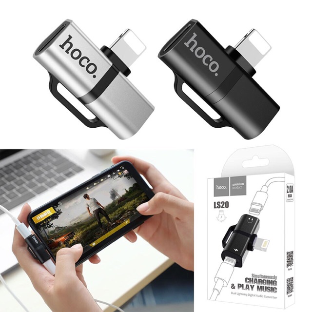 [Mã 2404EL10K giảm 10K đơn 20K] Jack chuyển đổi iphone 2 cổng lightning hỗ trợ míc chơi game LS20 chính hãng hoco