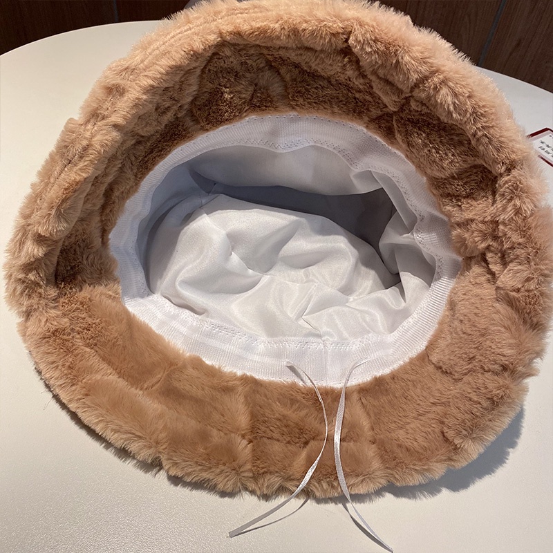 Mũ bucket phối lông ấm áp phong cách Harajuku Nhật Bản thời trang mùa đông cho nữ 2021