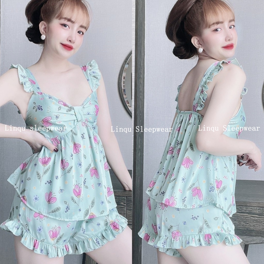Đồ ngủ sexy 2 dây cánh tiên nhún nơ chất lụa latin mềm mịn, mát mẻ freesize 40-58kg - Linqustore