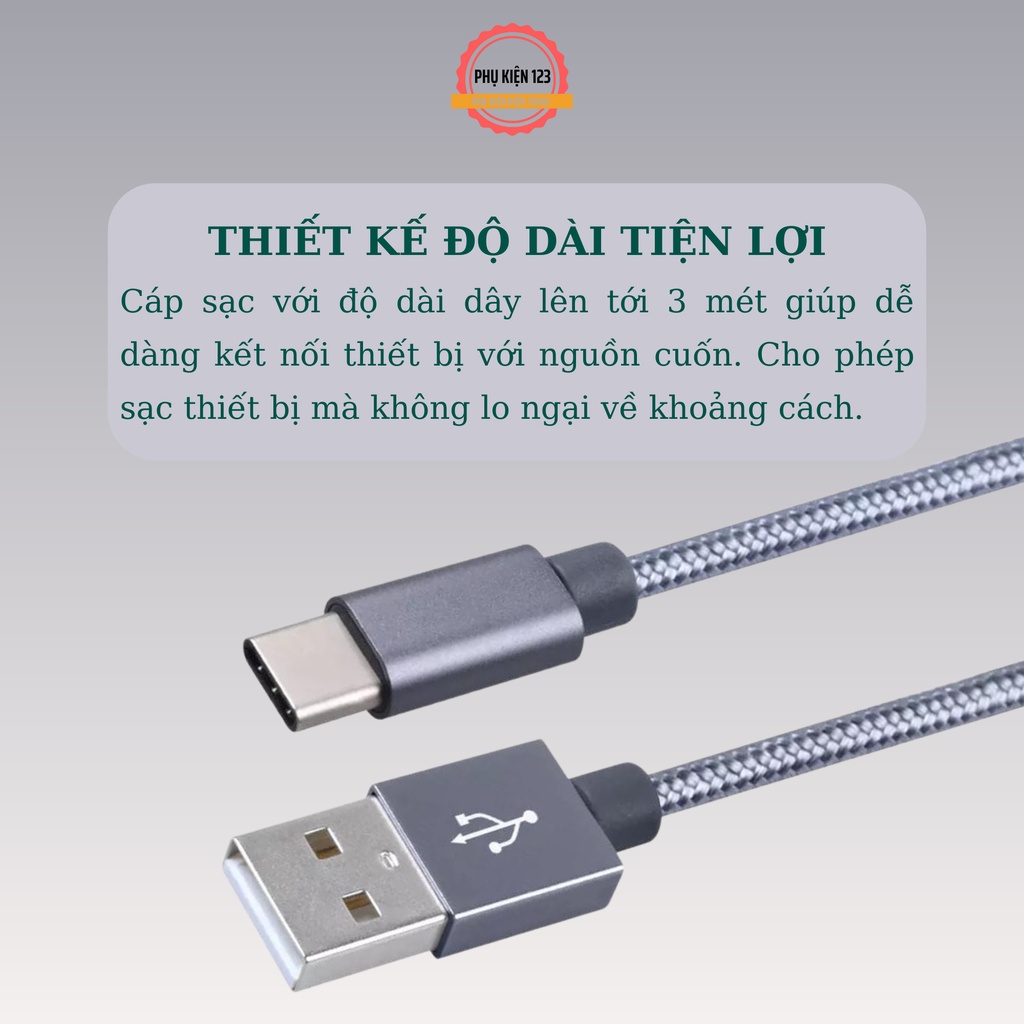 Dây cáp sạc chất liệu dây dù độ dài  3m tương thích chân sạc TYPE C,MICRO,I -Phụ Kiện 123