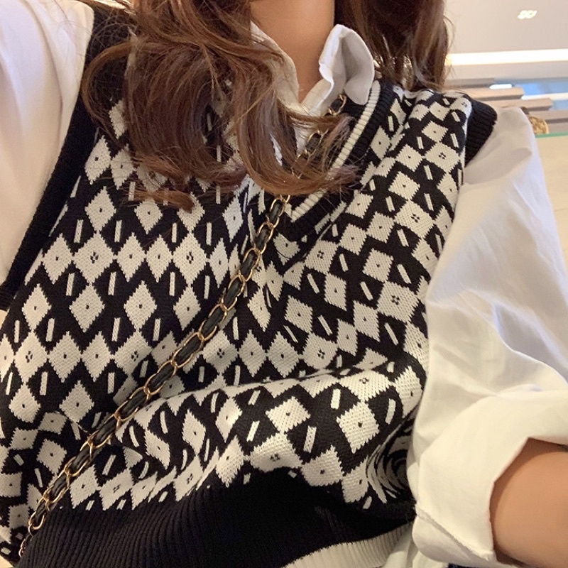 Áo Gile Kẻ Caro Ulzzang, Áo Len Nữ Thu Đông Oversize Form Rộng Họa Tiết Thổ Cẩm Phong Cách Hàn Quốc