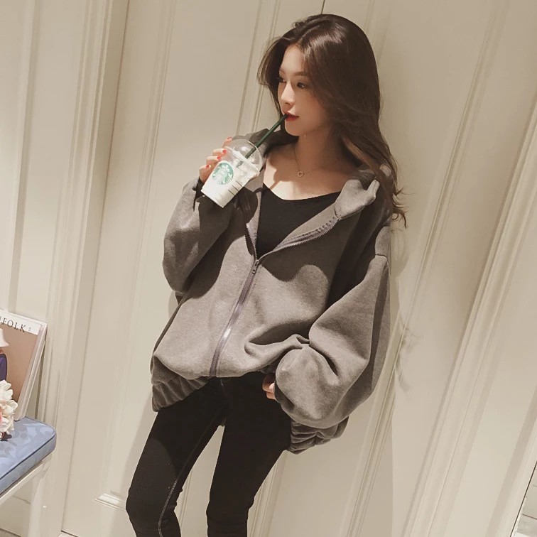 Áo sweater Hoodie dáng rộng có khóa kéo năng động phong cách thu đông Hàn Quốc