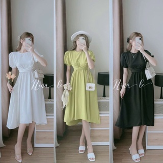 TTL Đầm xòe midi trắng tay phồng nhún chéo eo nina Lê cổ tròn dự tiệc thắt nơ sau lưng