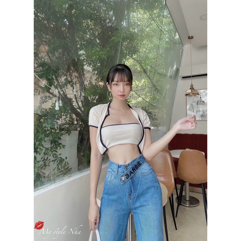 Quần jean ống suông lưng kiểu thêu chữ nổi
