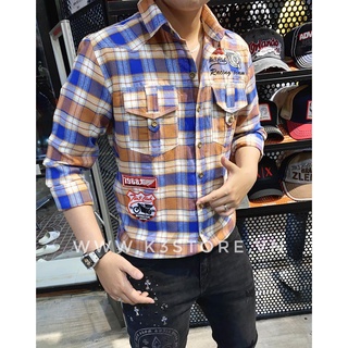 Áo sơ mi nam sọc caro nâu xanh chất kaki nỉ 2 da thêu bánh xe mỏ lết full lưng three collection K3 STORE