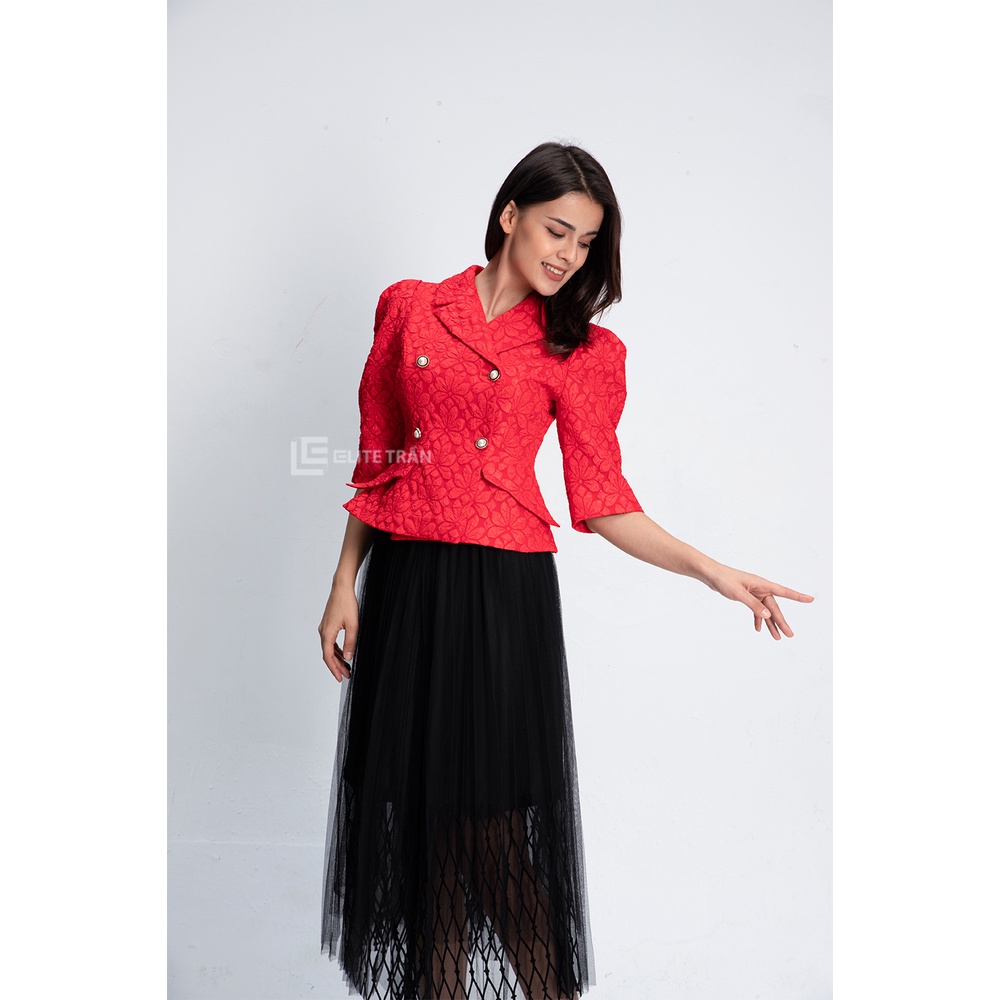 Áo vest đờ mi tay lỡ vân hoa hai hàng cúc màu đỏ ELITE TRẦN by LINHELITE