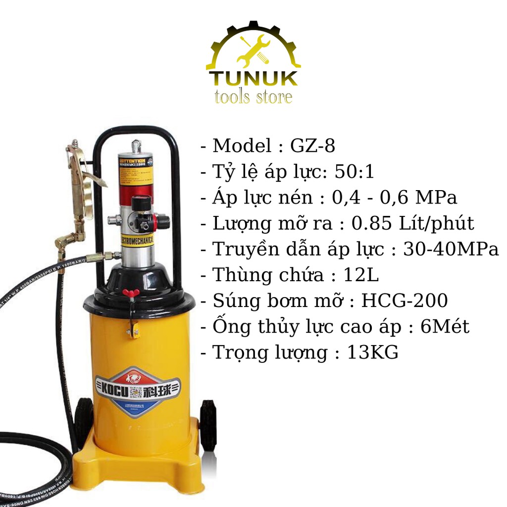 Máy bơm mỡ khí nén GZ-8 TUNUK,  binh bơm mỡ hơi 12L kocu