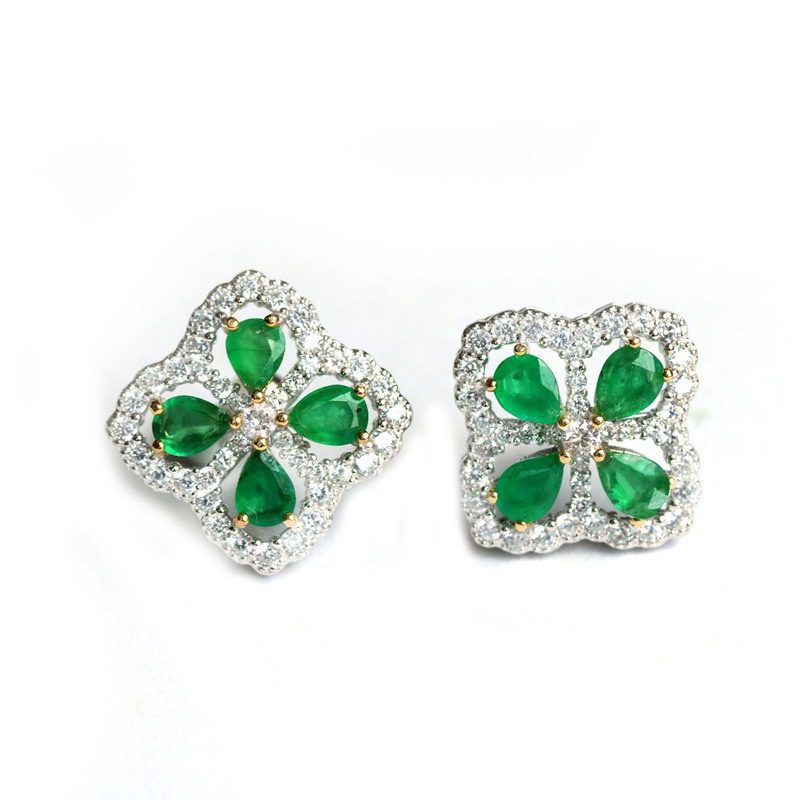 Set Vòng cổ + đôi khuyên tai + nhẫn hình cỏ bốn lá đính đá xanh lá may mắn