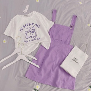 Set áo thun in kèm đầm yếm tím