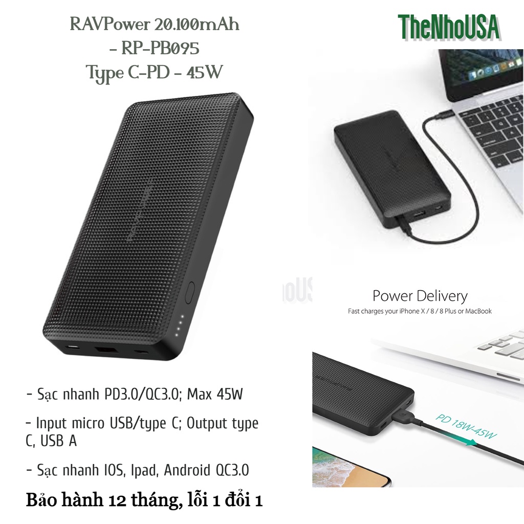 [Mã 253ELSALE hoàn 7% đơn 300K] Sạc dự phòng RAVPower 20100mAh - 45W (RP-PB095) [BH 12T]