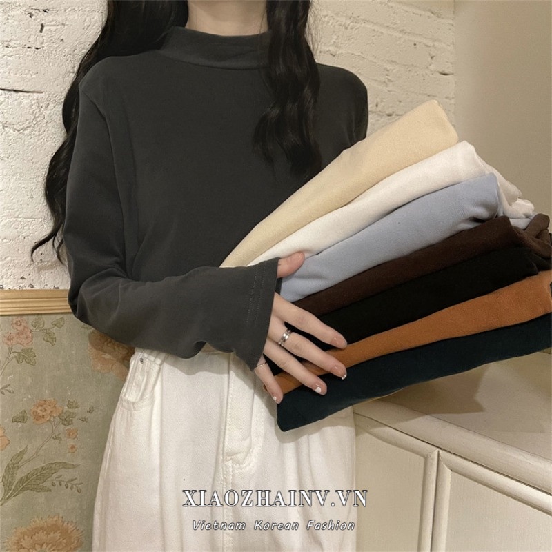 Áo thun XIAOZHAINV dệt kim tay dài cổ cao 9 màu sắc tùy chọn dễ phối đồ dành cho nữ