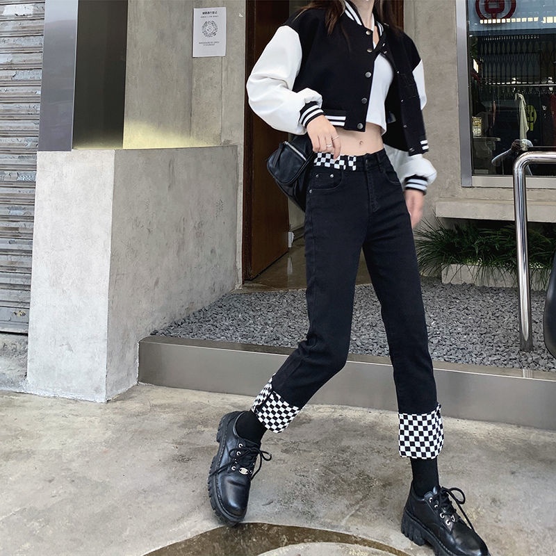 Jiashucheng Quần Jean Dài Tới Mắt Cá Chân Dáng Ôm Lưng Cao Ghép Mảnh Ghép Nối Thiết Kế Ca Rô Nhỏ Dễ Phối Đồ Cho Nữ