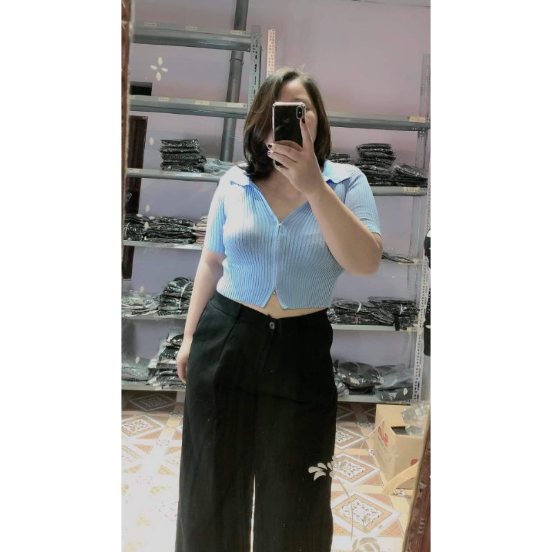 (Ánh bigsize) Áo croptop khóa kéo 55-80kg cổ bẻ hàng qccc