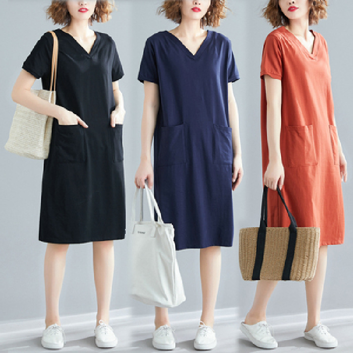 2021 Plus Size Short Sleeve Loose Dress for Woman Summer Korean Style Mid Length Big Pockets T-shirt Dress Female Solid V-neck A Line Dress | BigBuy360 - bigbuy360.vn