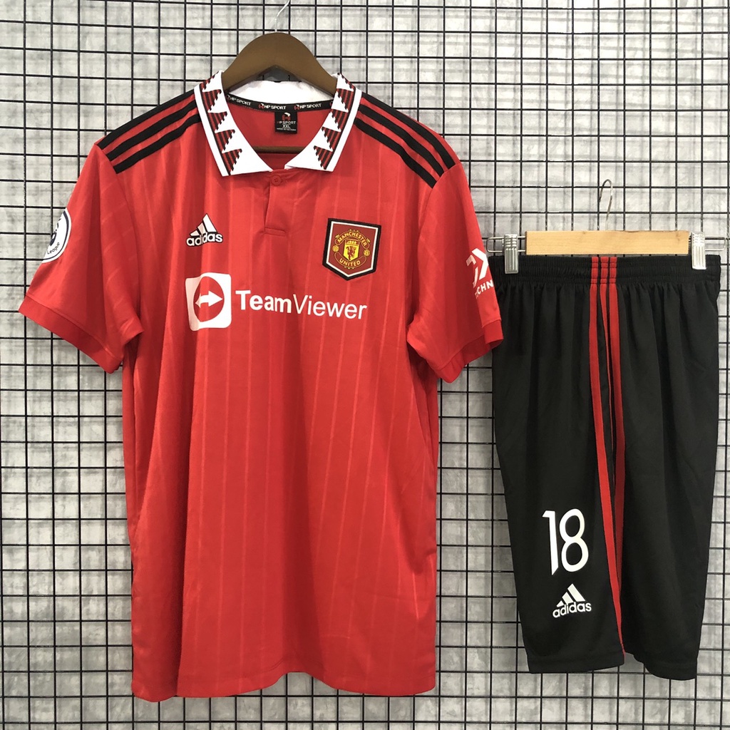 Bộ quần áo in tên CASEMIRO MU đỏ sân nhà quần đen 2023 font MU