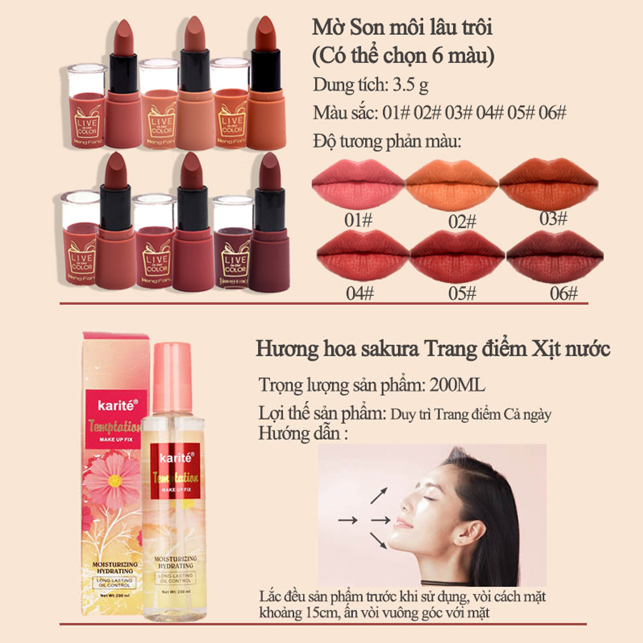 Trọn bộ trang điểm 6 món sành điệu nhìn là mê (kem BB+Kẻ mắt+Chì kẻ mày+mascara+Son môi+Xịt dưỡng trang điểm)