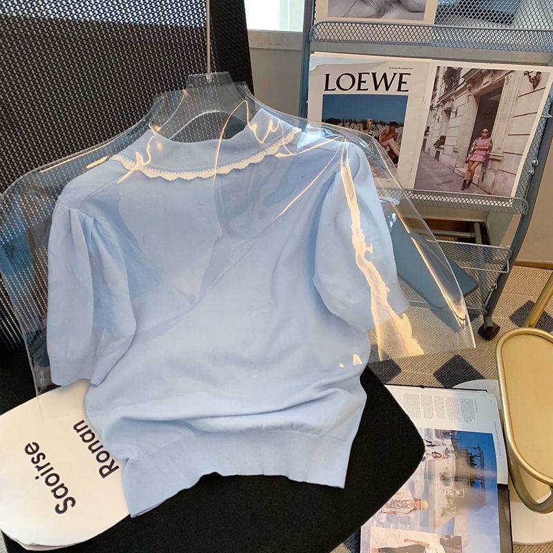 Áo Sweater Dệt Kim Tay Ngắn Cổ Búp Bê Thêu Hình Hoa Cúc Màu Xanh Dương Thời Trang Mùa Xuân Hàng Mới Dành Cho Bạn Nữ