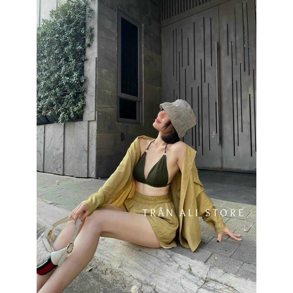 [8.8 Sales Freeship] Set bikini 3 món đi biển, áo bra 2 dây kèm khoác sơ mi ngoài quần đùi sexy dx