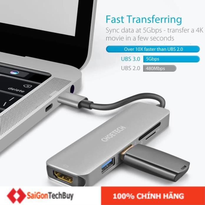 Hub Adapter chuyển đổi 4 in 1 Type-C ra 2 cổng USB 3.0, cổng HDMI 4K, & cổng thẻ nhớ SD và thẻ TF hiệu CHOETECH M08