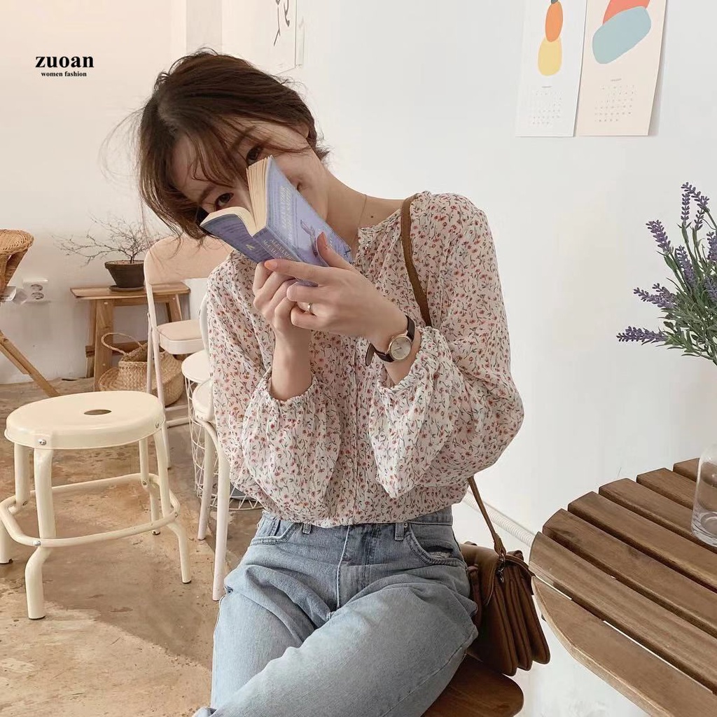 SUXI Áo Sơ Mi Nữ Tay Dài Họa Tiết Hoa Kiểu Hàn Quốc