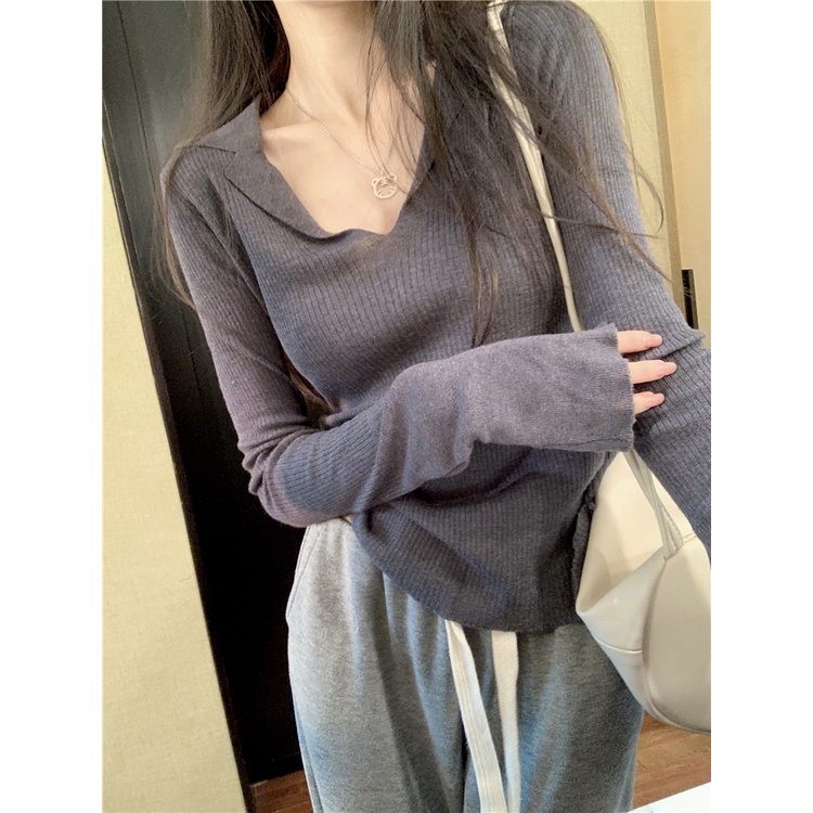 ZHELIHANGFEI Áo Sweater Tay Dài Cổ POLO Lưng Cao Dáng Ôm Quyến Rũ Cho Nữ