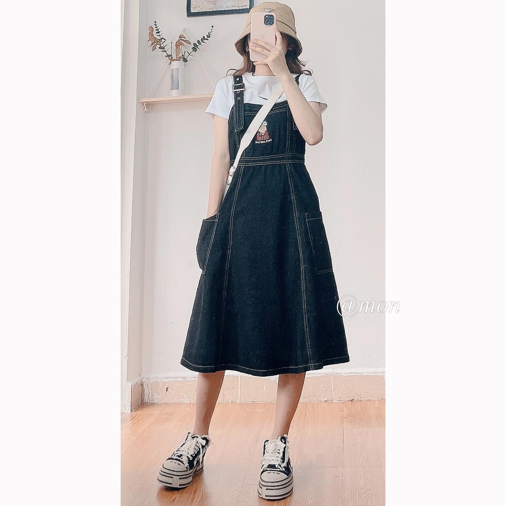 2101547 Yếm váy jeans cho nữ ulzzang dáng xòe hình thêu gấu béo