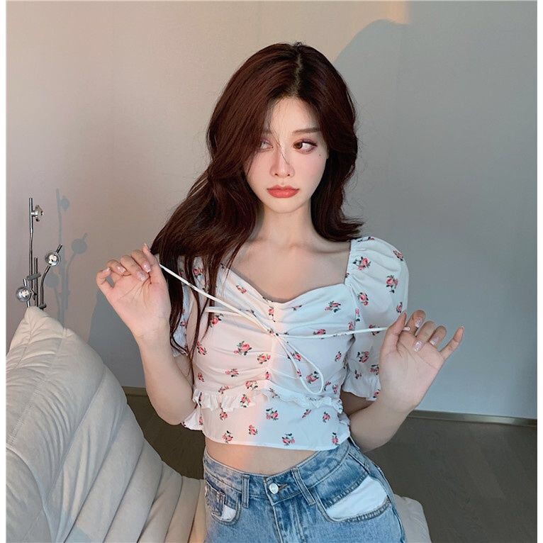 【Timi】Áo crop top  Mới Phong Cách Hàn Quốc Clavicle Tether Puff Tay