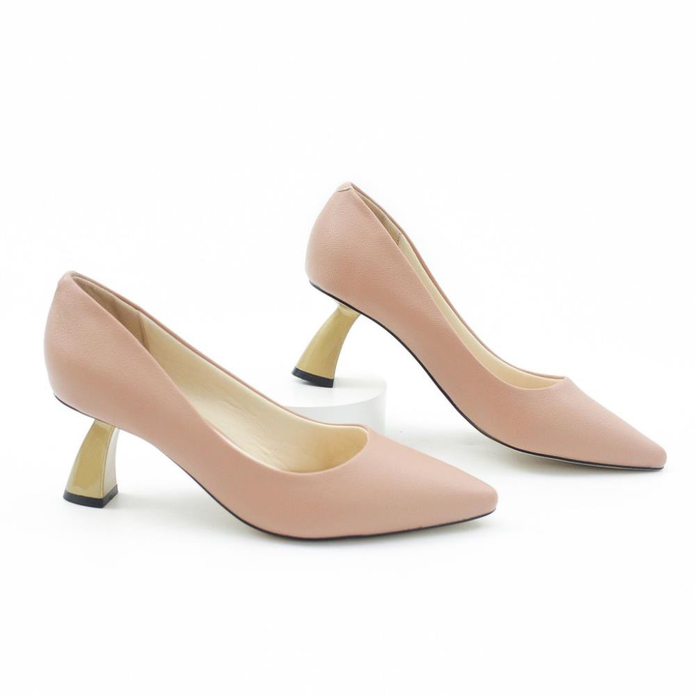 Giày Cao Gót 5cm Gót Vàng Mũi Nhọn Da Sần Màu Hồng Beautynow P340