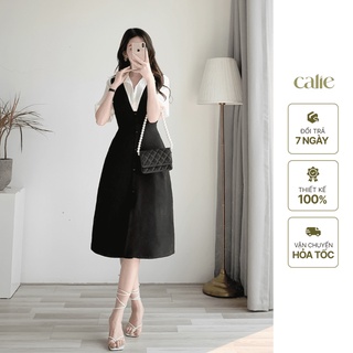 Váy đầm nữa dáng A giả yếm phối tơ sang chảnh tôn dáng, đầm dáng a công sở Calie VA079