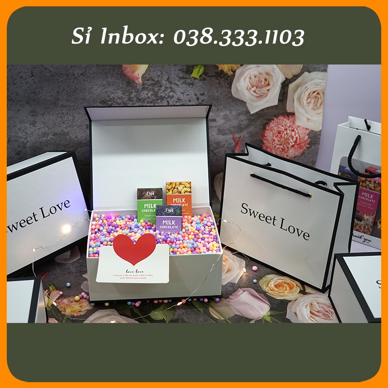 Quà tặng Sinh Nhật |Set Quà tặng nắp đóng nam châm cực sang, Valentine Sweet Love, Hộp Kèm Túi Giấy, Giấy Rơm