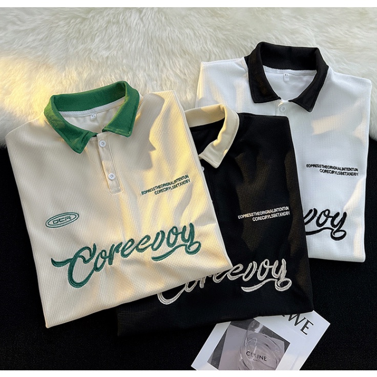 Áo thun polo tay lỡ unisex chất cotton cá sấu mềm mát, thêu chữ CORECURY