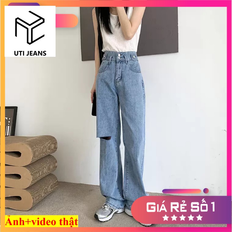 [ NGÂN NGA ] QUẦN JEANS ỐNG RỘNG NỮ LƯNG CAO 2 NÚT 2 ĐAI FORM DÀI RỘNG MÀU XANH NHẠT GỒM MẪU TRƠN VÀ RÁCH GỐI LAI CUỐN