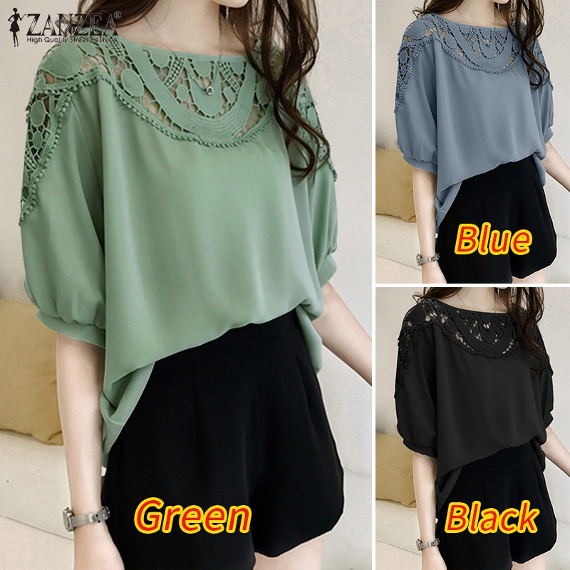 Áo kiểu ZANZEA tay lỡ cổ tròn phối ren phong cách Hàn Quốc dành cho nữ