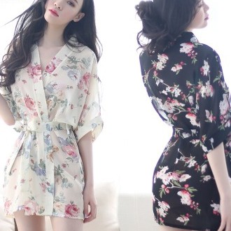 Áo choàng ngủ kimono chiffon hoa freesize 40-60kg kèm quần lót nữ VN100012