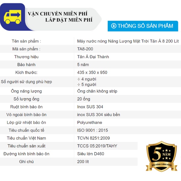 Máy nước nóng năng lượng mặt trời Tân Á 8-200L - Miễn phí giao hàng và lắp đặt toàn miền Bắc