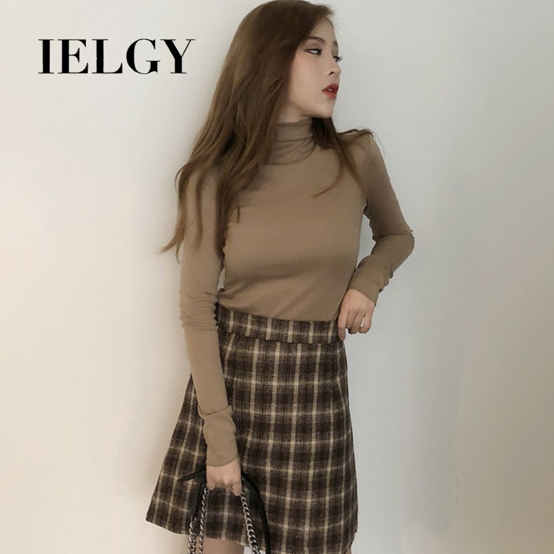 IELGY Áo Thun Tay Dài Cổ Cao Màu Sắc Đơn Giản