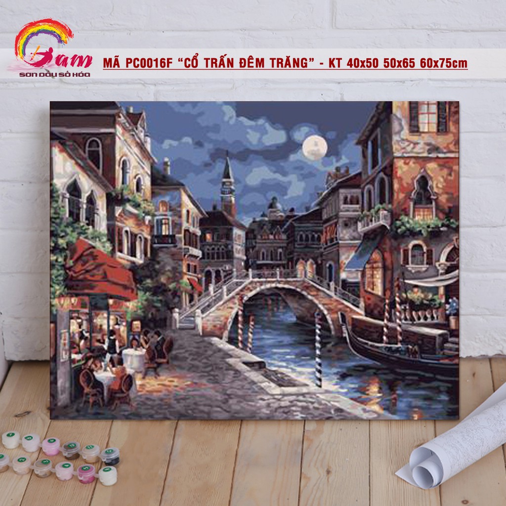 Tranh tự tô màu theo số sơn dầu số hóa Gam Cổ trấn Venice đêm trăng mã PC0016F