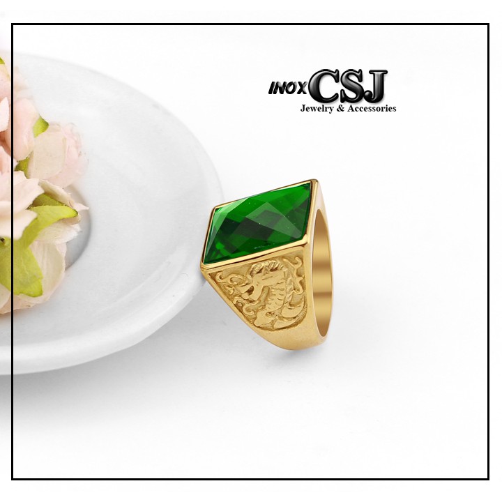 NHẪN NAM INOX MẠ VÀNG ĐÁ XANH LÁ CHẠM RỒNG siêu đẹp - tặng hộp đựng xinh xắn