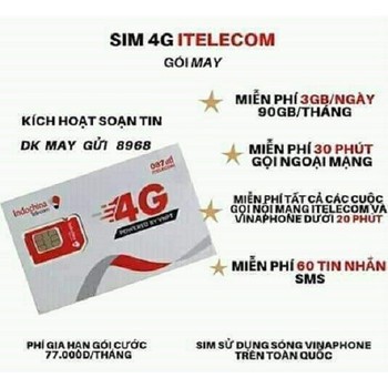 Sim 4G Vina-itelecom, số đẹp dễ nhớ ( chọn số) 90GB mỗi tháng, free gọi vina dưới 20p