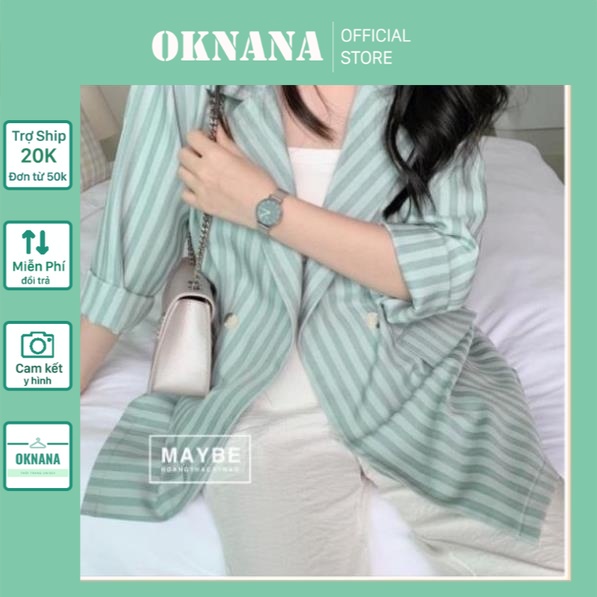Áo khoác blazer kẻ sọc xanh nữ Oknana - Vest dáng suông rộng kaki style ulzzang hàn quốc HOT