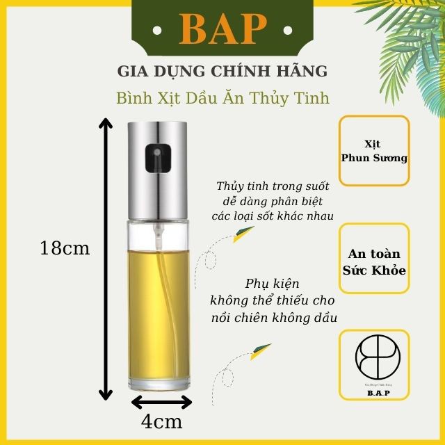 Bình xịt dầu ăn thủy tinh dạng phun sương dùng cho nồi chiên không dầu và nướng Size 100ml