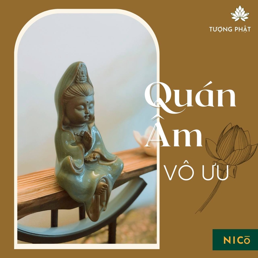 Tượng Quán Âm Vô ưu - Gốm Xanh Ngọc Bích - Trang Trí Gỗ lũa, Tiểu Cảnh
