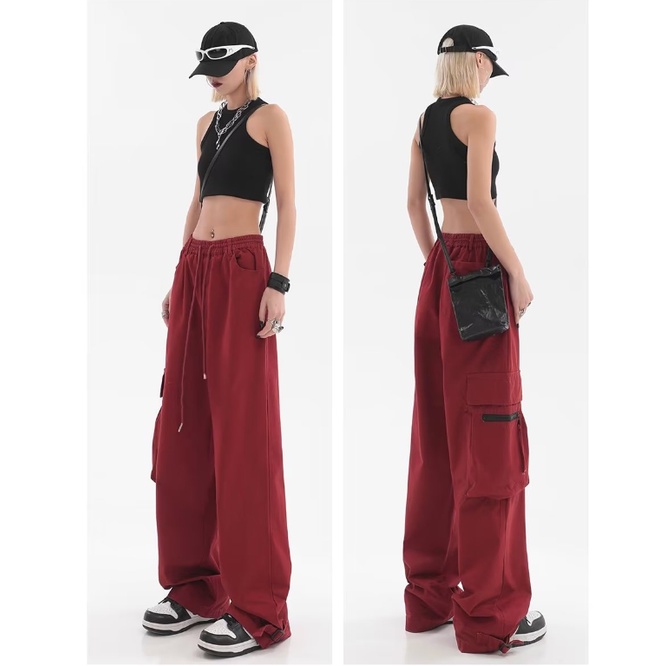 Quần ống rộng Có Túi Thời Trang Nam Nữ Quần Yếm hiphop Màu màu xanh lá couple Lưng Cao Ống Rộng Phong Cách Retro nam