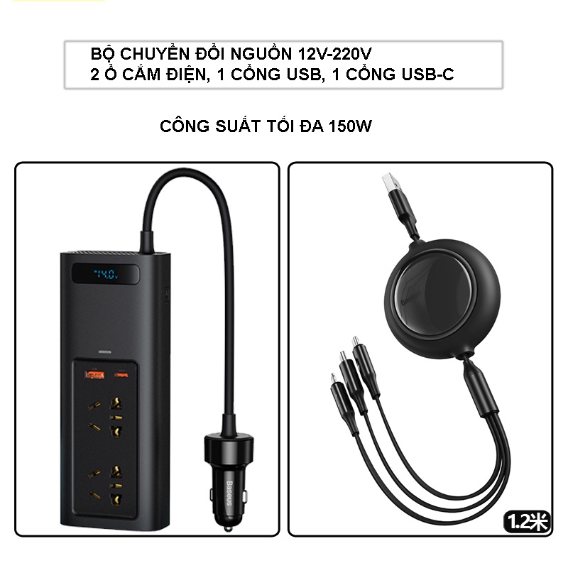 Ổ cắm điện đa năng Baseus chính hãng 150W-12V to 220V vs nhiêu chức năng chuyên dùng cho oto